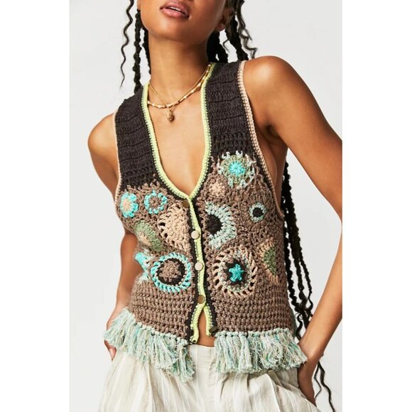 Free People Canyon Combo Desert Rose Crochet Fringe Boho Cropped Vest Medium NWT - Picture 14 of 14
